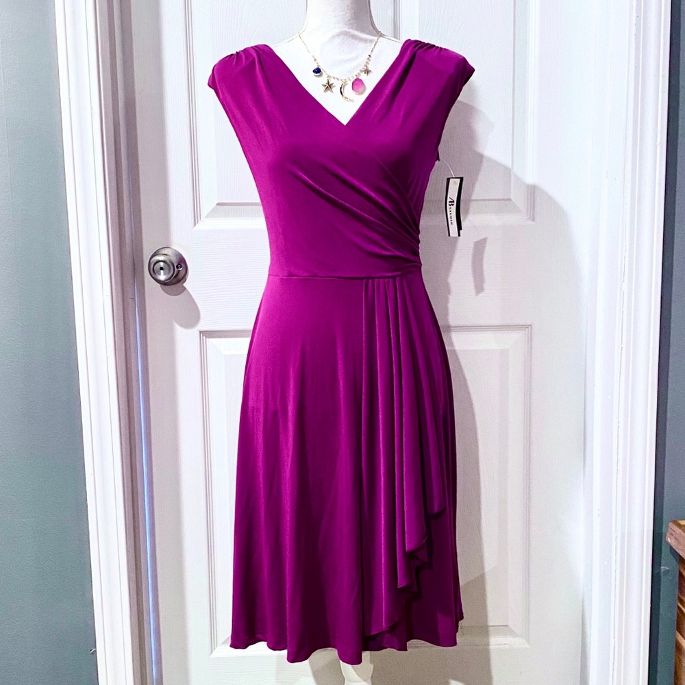 AB Studio Magenta Cap Sleeve V-Neck Dress